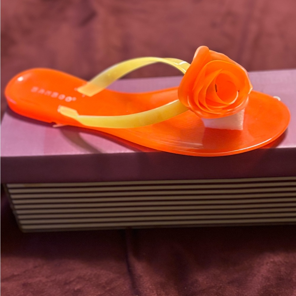 BAMBOO Orange Sandals with Yellow Strap and Rose Accent